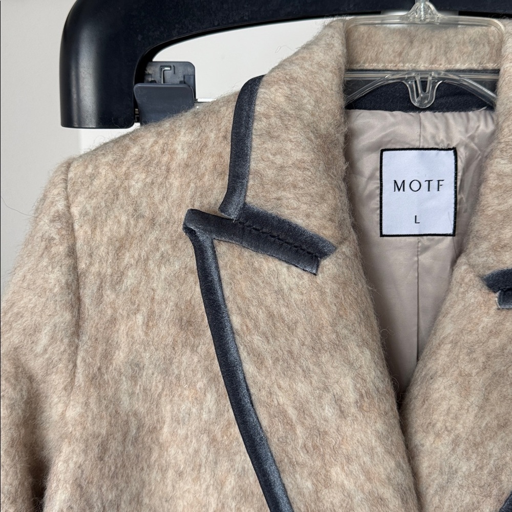Motf Wool Blend Beige Ivory Long Duster Coat/Jacket Sz L Blue Velvet Trim - Picture 5 of 14